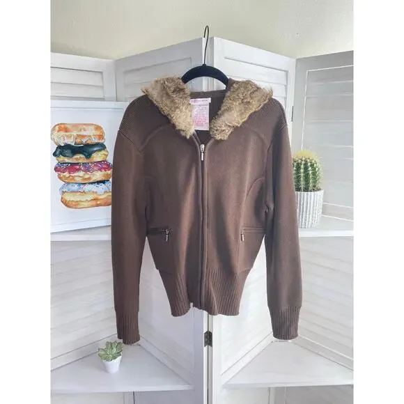 Nine & Co brown full zip sweater jacket with rabbit fur hood size large - Picture 5 of 8